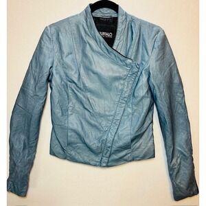 Buffalo David Bitton Baby Blue Faux Leather Jacket Coat Womens XS Elastic Sleeve